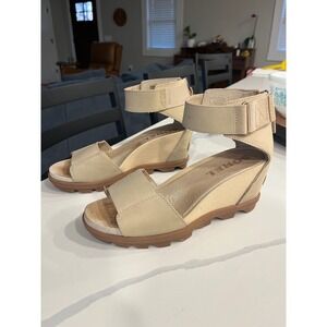 Sorel Joanie II Ankle Strap Wedge Sandals Tan Oatmeal Leather Canvas Womens 7.5